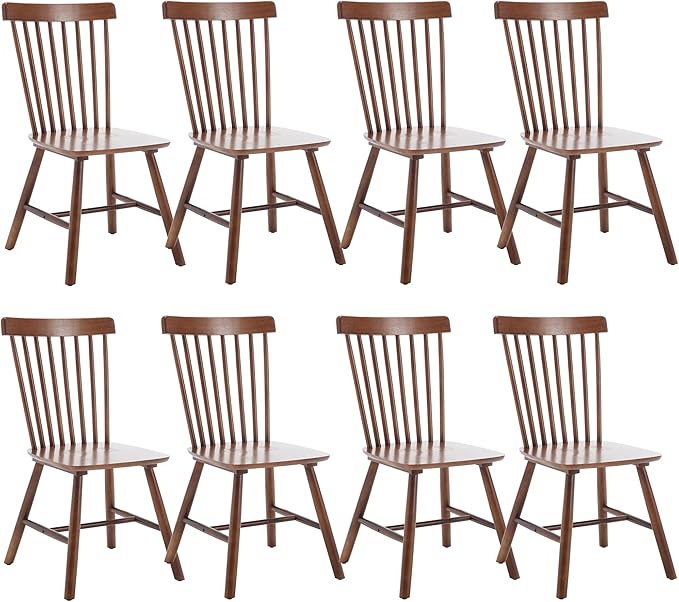 LZAREAL Farmhouse Dining Chairs Set of 8 Wooden Kitchen Chairs Mid Century Modern Spindle Chair French Country Windsor Dining Chairs for Dinning Room Kitchen Restaurant Bar Canteen Library, Walnut