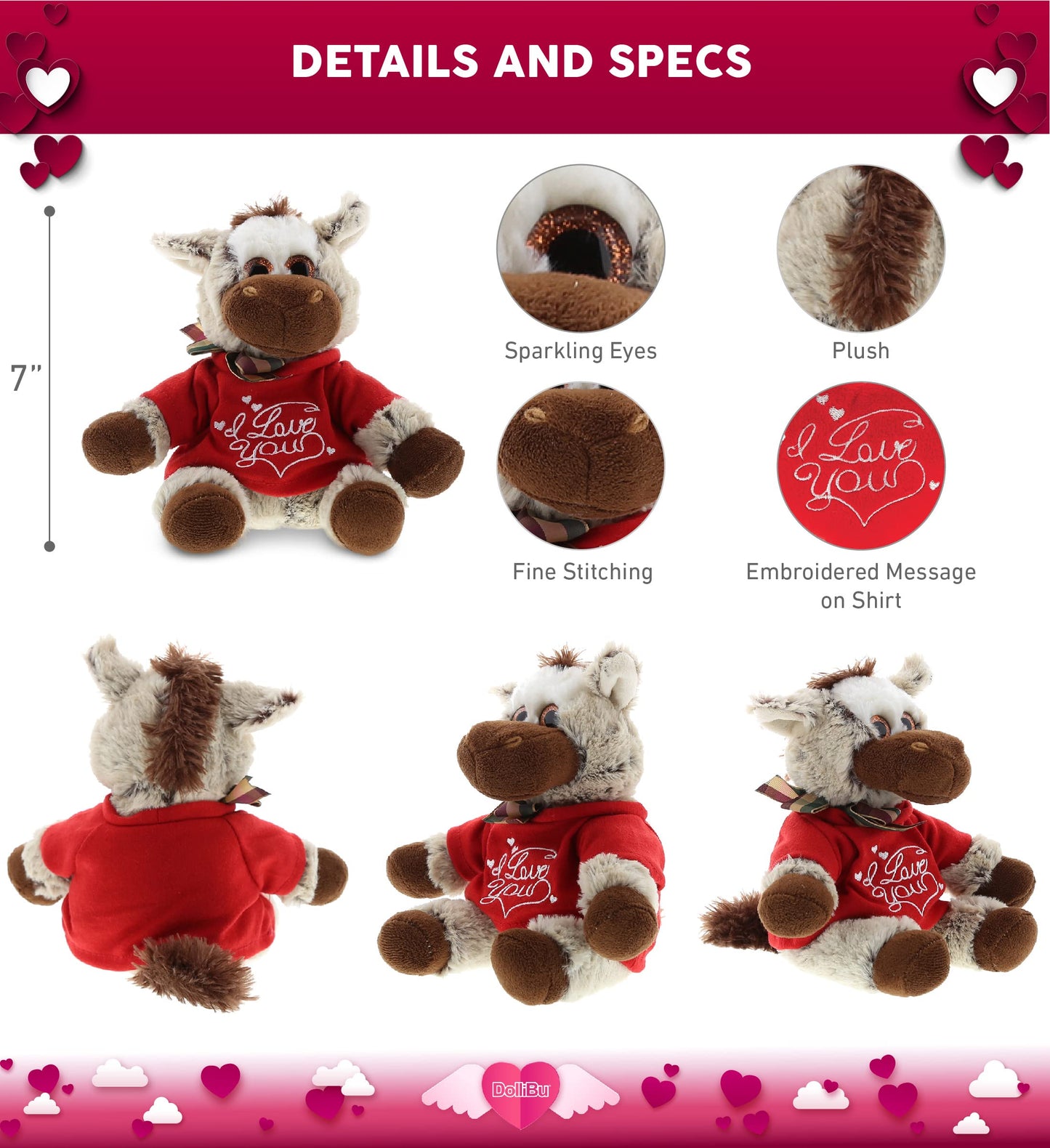 DolliBu I Love You Valentine Plush Floppy Donkey - Cute Stuffed Animal with Red Shirt and Name Personalization Gift for Valentines Day, Birthday, Anniversary, Romantic Date - 6.5 Inches