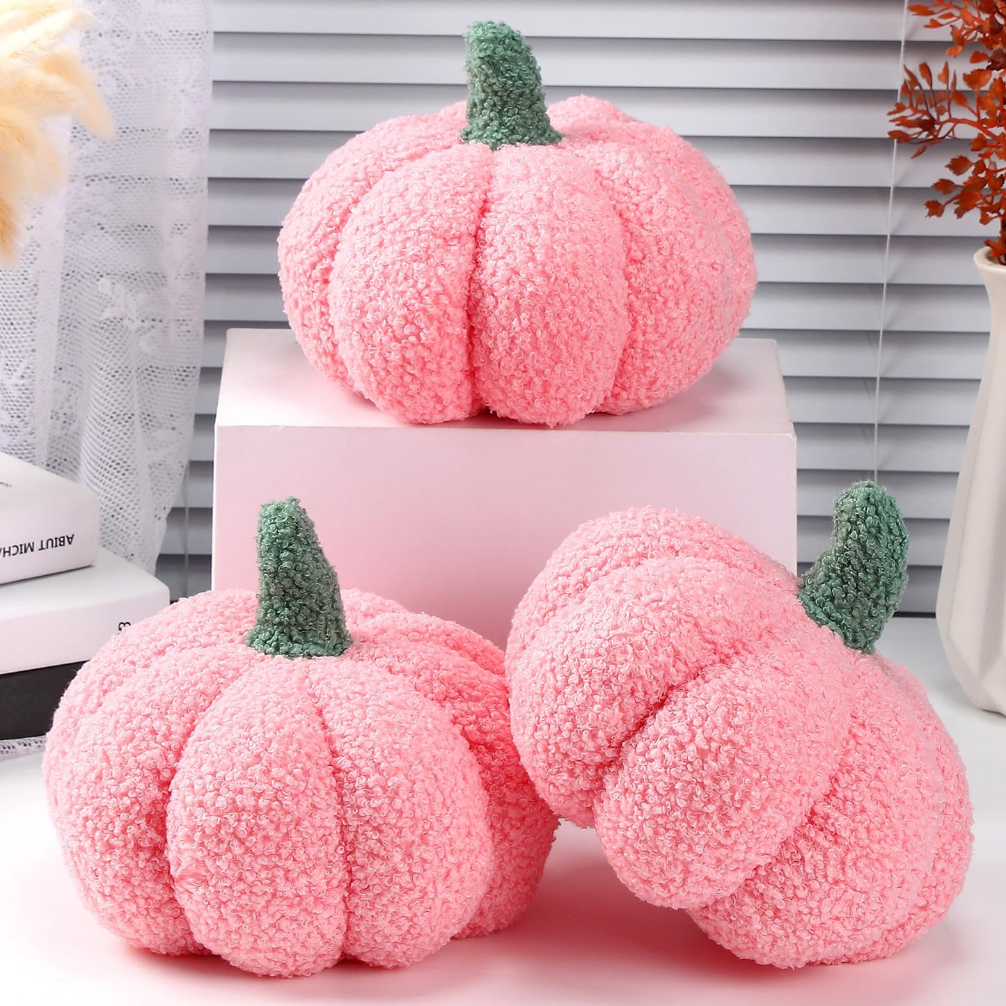 Namalu 3 Pcs Pumpkin Pillows 3D Throw Cushion Plush Soft Sofa Pillows Stuffed Pumpkin Decoration for Fall Thanksgiving Winter Home Living Room(7.87 Inch,Pink)