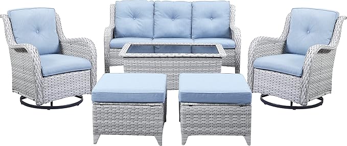 Belord Wicker Outdoor Furniture Patio Furniture Set - 6 Piece Patio Conversation Set with Swivel Rocker Chairs, Rattan Sofa, Ottomans and Coffee Table, Baby Blue Cushion