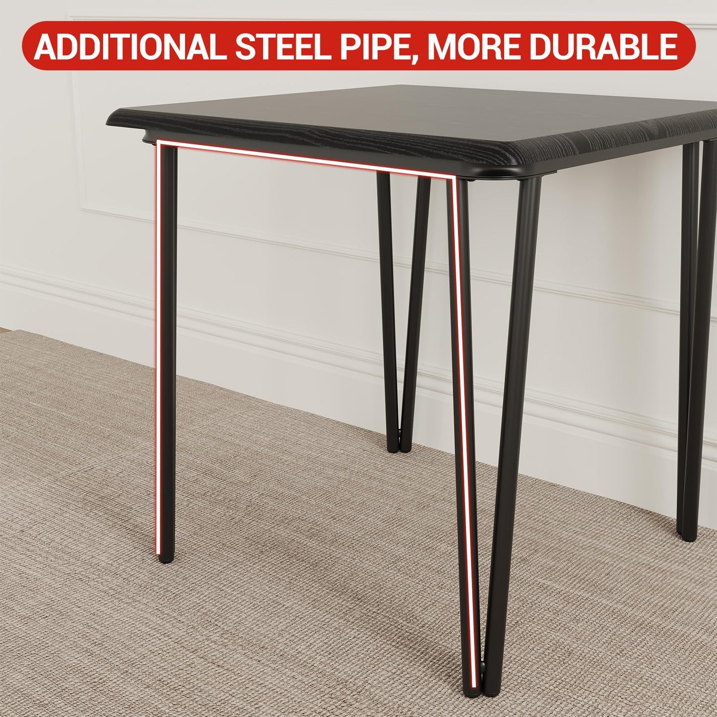 Dining Table Set for 4 with Black Wood Grain – Spacious Square Table with Rounded Corners and 4 Upholstered Chairs, Ideal for Apartment Living Room, Dining Room, (Black 3 Piece)