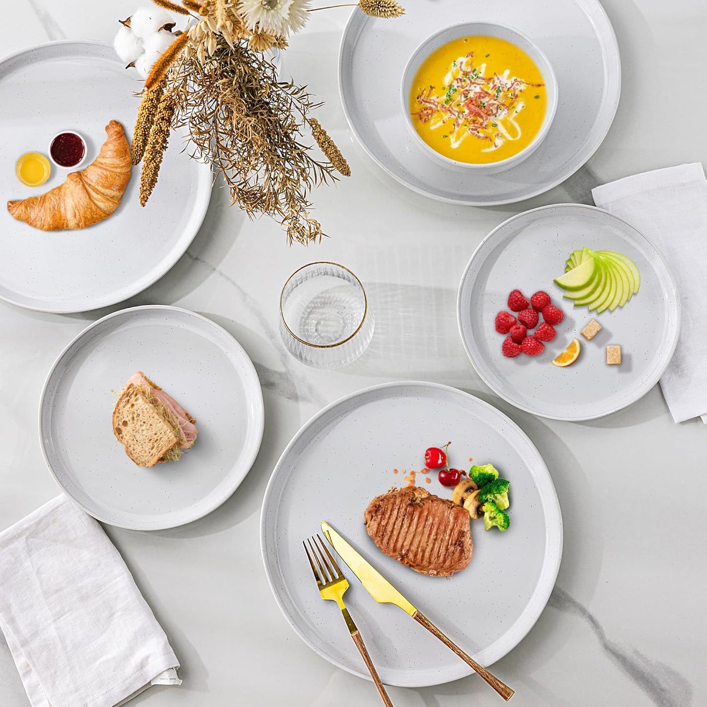 GBHOME Ceramic Dinnerware Set for 4, 12pcs Stoneware Plates and Bowls Sets, Handmade Chip and Scratch Resistant Dishes Set, Dishwasher & Microwave Safe