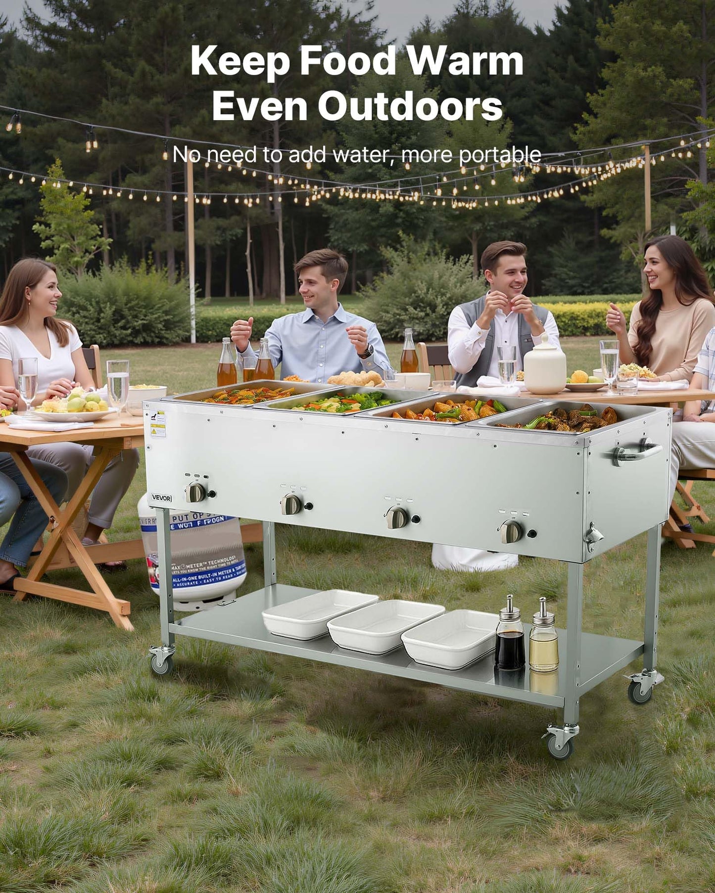 VEVOR 4-Pan Commercial Propane Steam Table, LP Gas Outdoor Soup Warmer with Drain Valve and 3" Wheels, Stainless Steel Propane Food Warmer with Independent Temp Control, for Restaurant Outdoor Camping