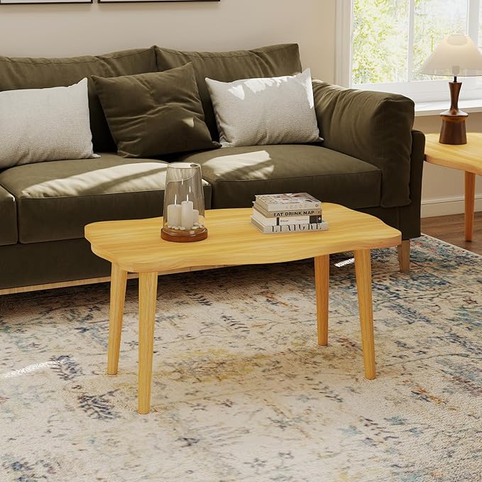 Funecy Cookie Coffee Table Low Table with 4 Solid Wood Sturdy Legs, Floor Table Desk for Sitting on The Floor, Storage and Living Room Furniture (Natural)