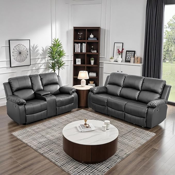 JBXBER Manual Recliner Sofa Set for Living Room, Leather Reclining Sofa Sets, Faux Leather Couch Set with Cup Holders, Drop-Down Table and Storage Console(Sofa and Loveseat,Black)