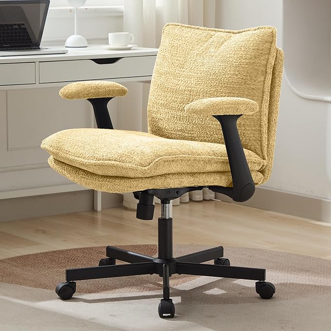 Kassipo Criss Cross Legged Office Chair with Wheels and Flip-Up Arms, Upholstered Criss Cross Desk Chair, Wide Seat Chairs for Home Office, Vanity, Apartment, Yellow