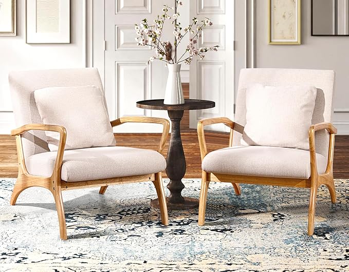 ELUCHANG Accent Chair with Lumbar Pillow,Mid-Century Modern Accent Chair Armchair, Linen Fabric Comfy Reading Chair Lounge Side Chair for Living Room Bedroom Apartment,Easy Assembly(Beige,2PCS)