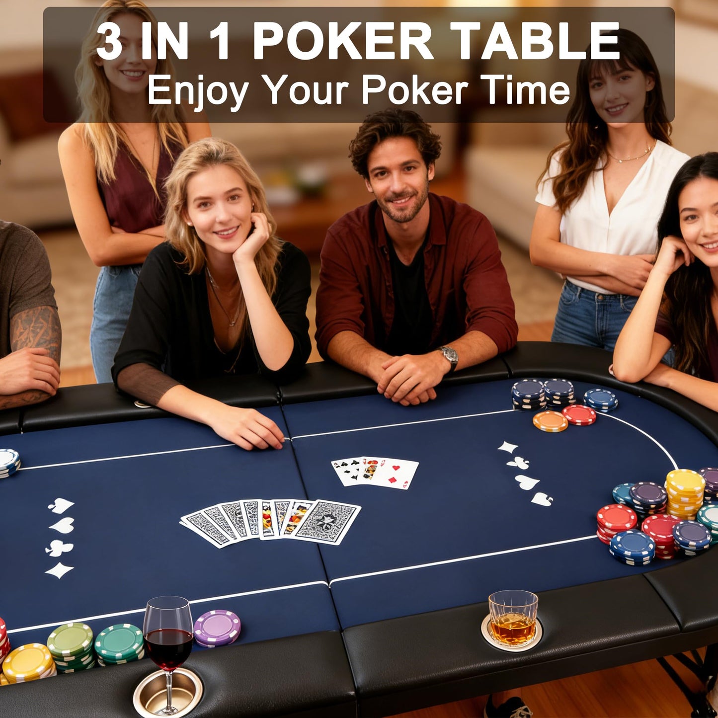JeeSaleTec Folding Poker Table for Texas Holdem&Blackjack, 8 Players Poker Table with Double-Sided Reversible Poker Mat, 8 Cup Holders and Casino Quality Soft Felt.