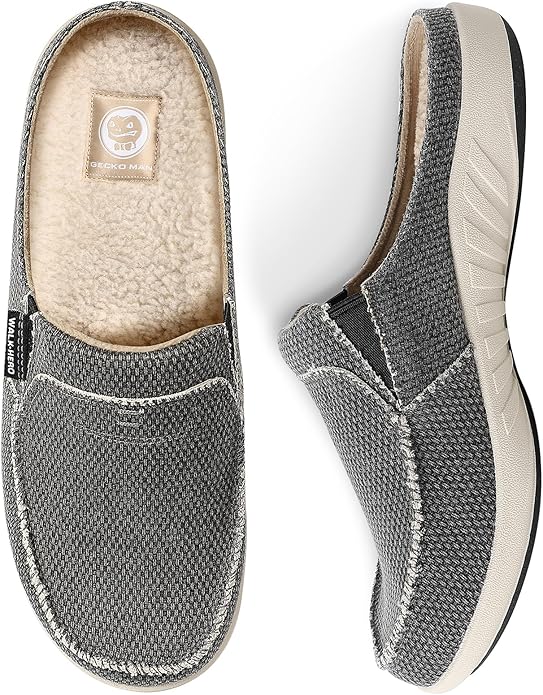 Mens Slippers with Arch Support, Canvas House Slipper for Men with Velvet Lining, Slip On Clog, Indoor Outdoor House Shoes...