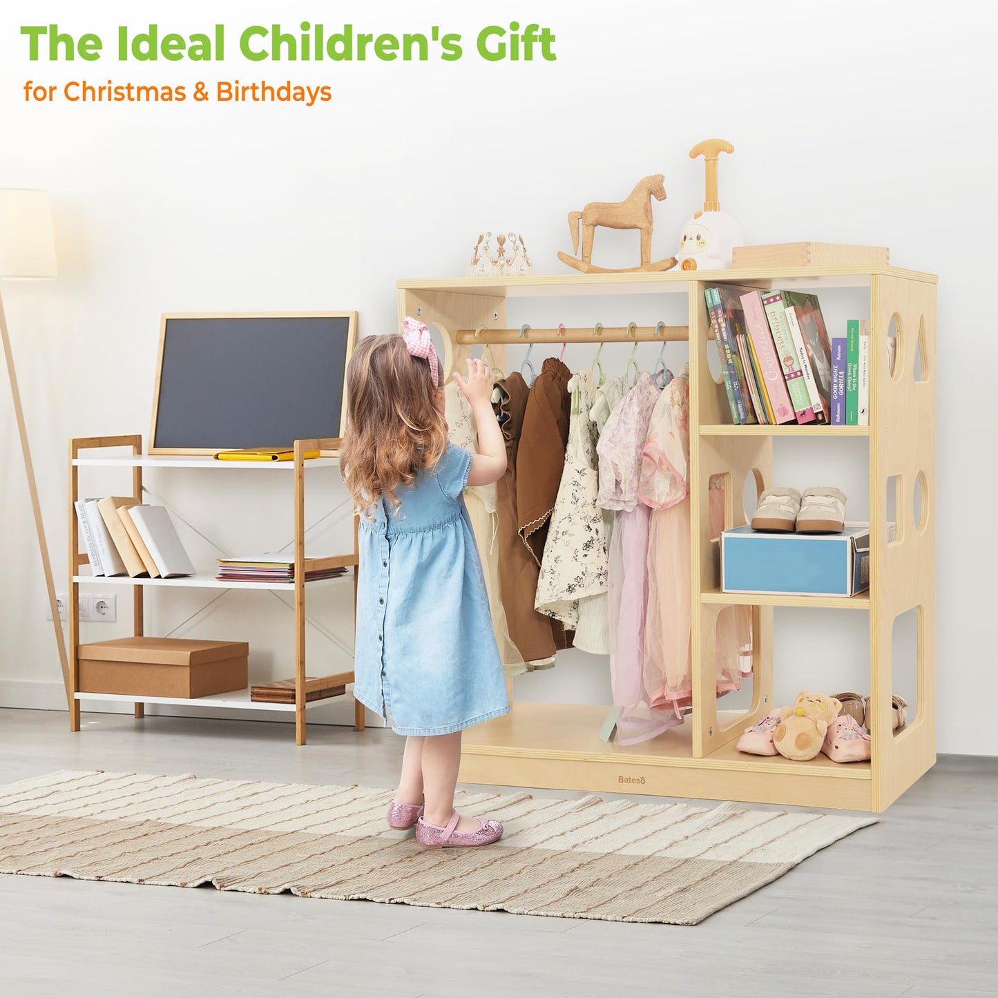 Bateso Kids Dress Up Storage for 1-3 Years Old Boys and Girls, Wooden Kids Wardrobe with Open Hanging Costume Area and Stroage Shelves, Baby Closet Organizer Center for Bedroom, Playroom