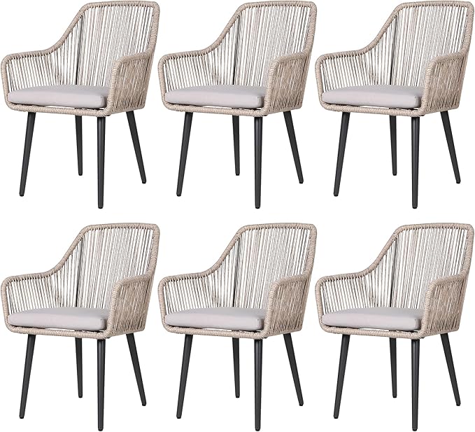 Patiorama Outdoor Dining Chairs, Patio Dining Chair Set of 6, All-Weather Woven Rope Rattan Chairs, Outdoor Dining Wicker Chairs with Armrests for Indoor Balcony Pool Backyard(Tan)