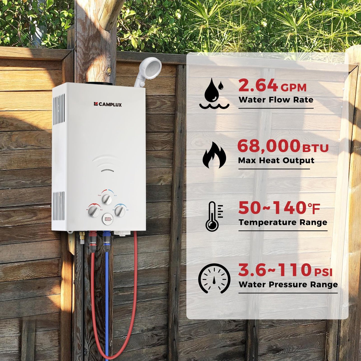 CAMPLUX 2.64 GPM Propane Portable Gas Water Heater, 68,000 BTU Outdoor Tankless Camping Water Heater with Digital Display, White