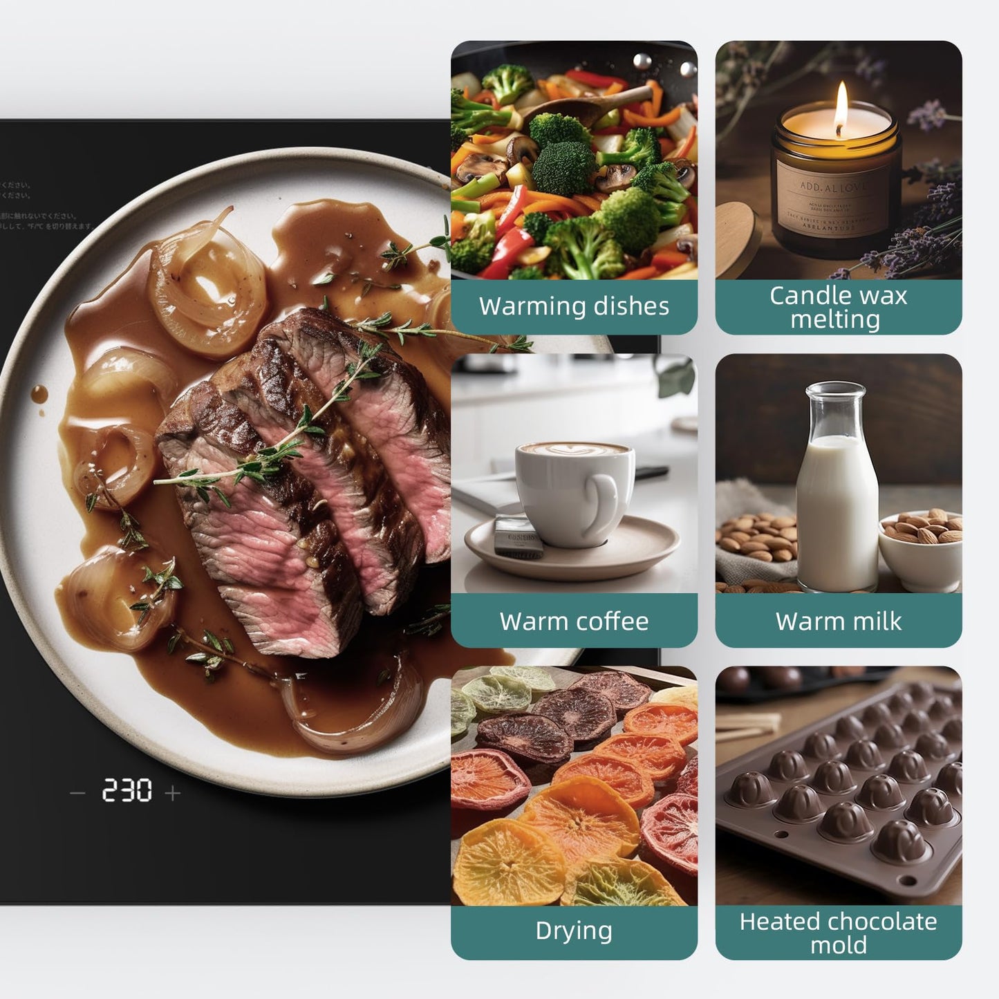 ROPPLIFE Food Warmer Plate,13.8"x10" Electric Warming Tray |6-Temp Control & Memory Function | for Slow Eaters, Seniors, RV Camping, Sourdough Proofing & Office Use