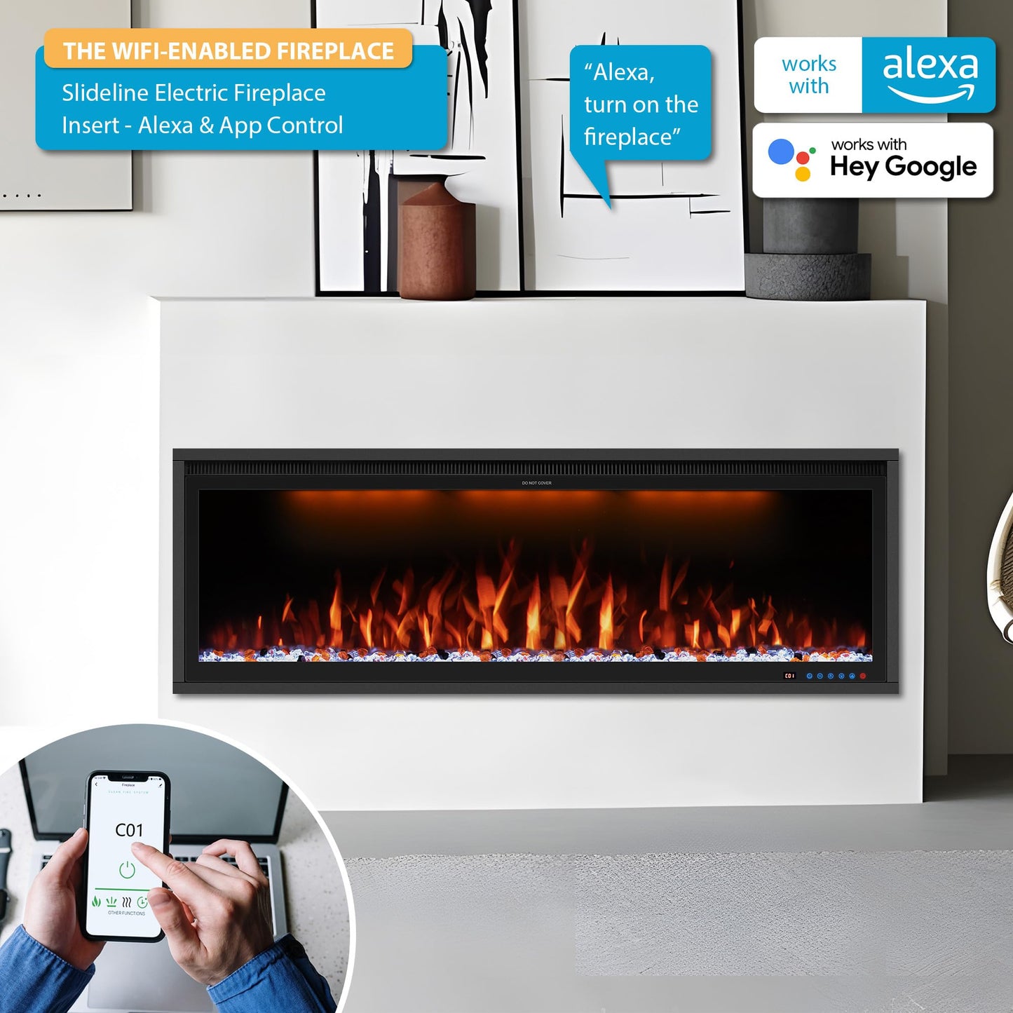 Benrocks 50'' WiFi-Enabled Electric Fireplace Insert - Alexa & App Control, 13 * 13 * 3 Color Combinations, Smart Fireplace Heater, Timer, Logs & Crystals Included, 750/1500W