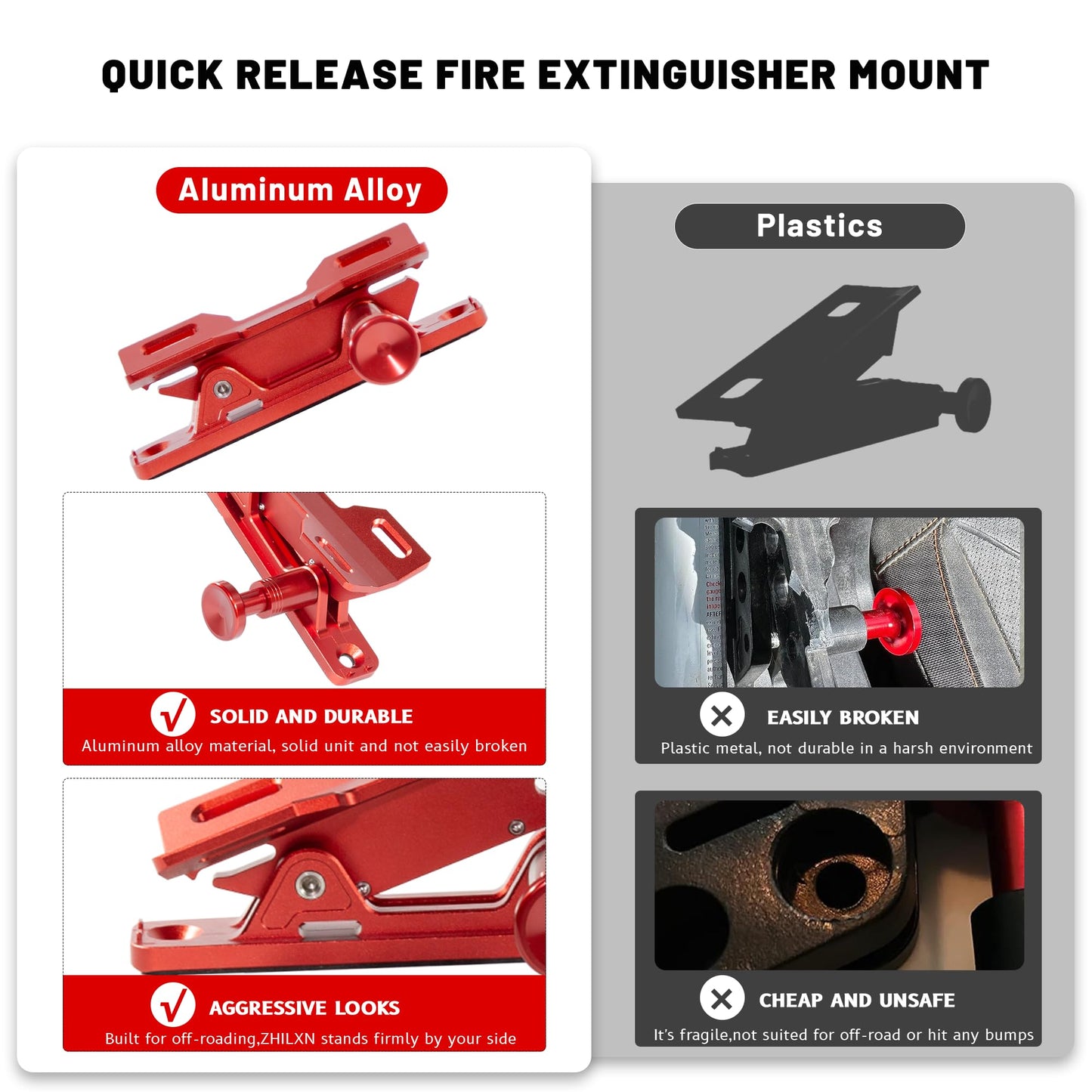 Quick Release Fire Extinguisher Mount - Aluminum Adjustable UTV Roll Bar Fire Extinguisher Holder Mounting Bracket Compatible with Jeep Wrangler TJ JK JL JKU Polaris RZR Ranger Can-Am X3, Red