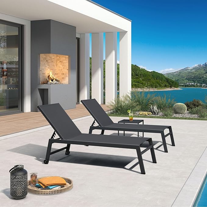 PURPLE LEAF Outdoor Chaise Lounge Set for 2 Oversized Pool Lounge Chairs with Easy-to-Move Wheels and Adjustable Backrest Extra Large Patio Loungers for Poolside Deck Beach Table Included, Dark Grey