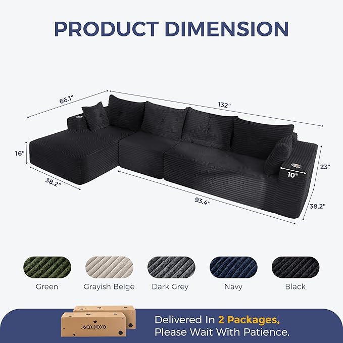 MAXYOYO 132" Oversize Modular Sectional Couch with L-Shape Chaise, Modern Boneless Couch for Living Room, Sofa in A Box, Oversized Sofa Sleeper with Deep Seat, No Assembly Required, Black
