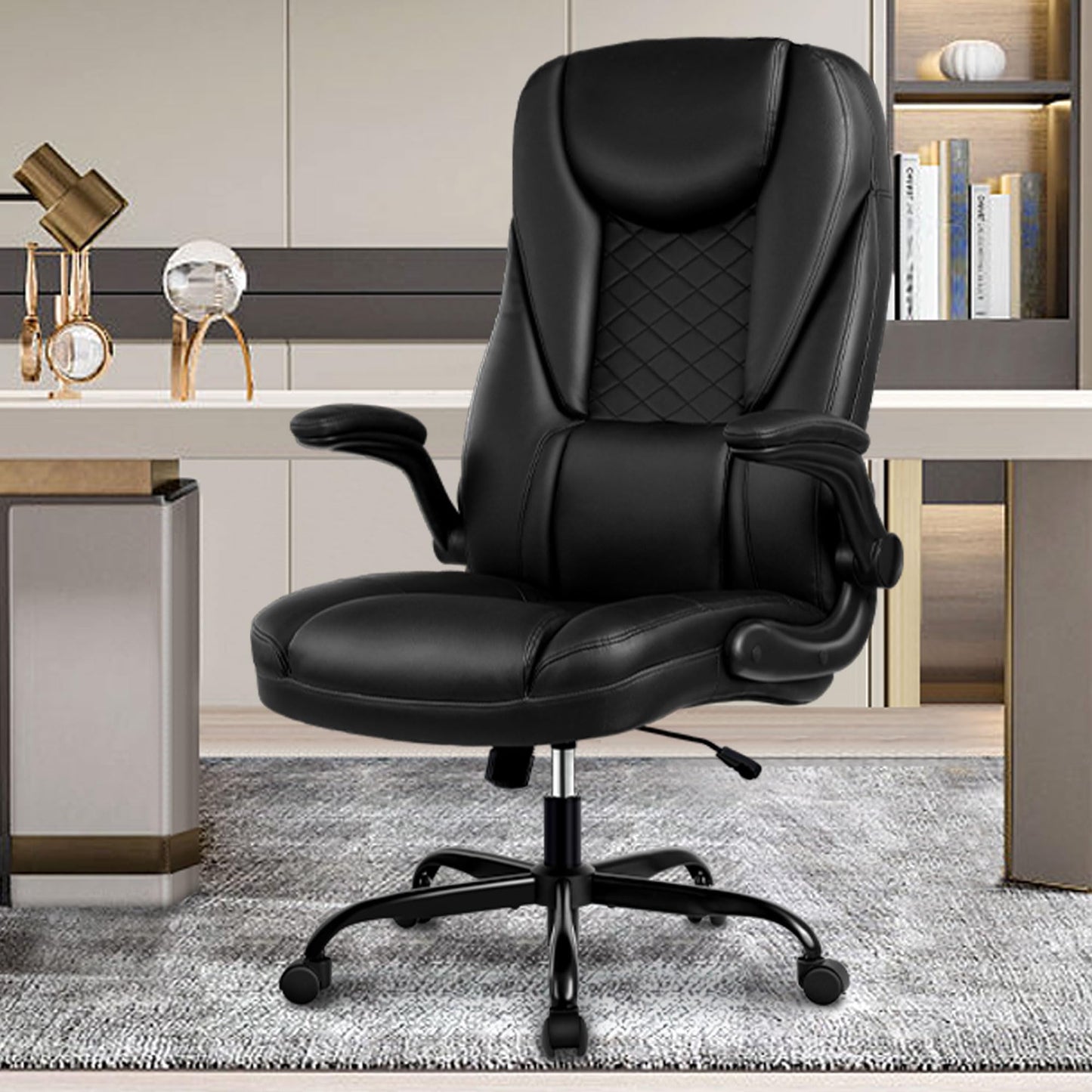 Guessky Executive Office Chair - Big and Tall, Ergonomic Leather with Adjustable Flip-Up Arms, High Back, Lumbar Support (Black)