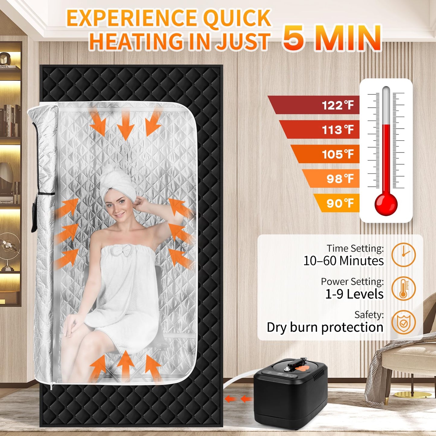 Aquatrend Portable Sauna Box for Home, Personal Steam Sauna Box with 1200W 3L Steamer, 3' x 3' x 5.9', Remote Control, Folding Chair, Full Size Sauna Tent for Fitness Gym Yoga Spa, Fast Heater, White