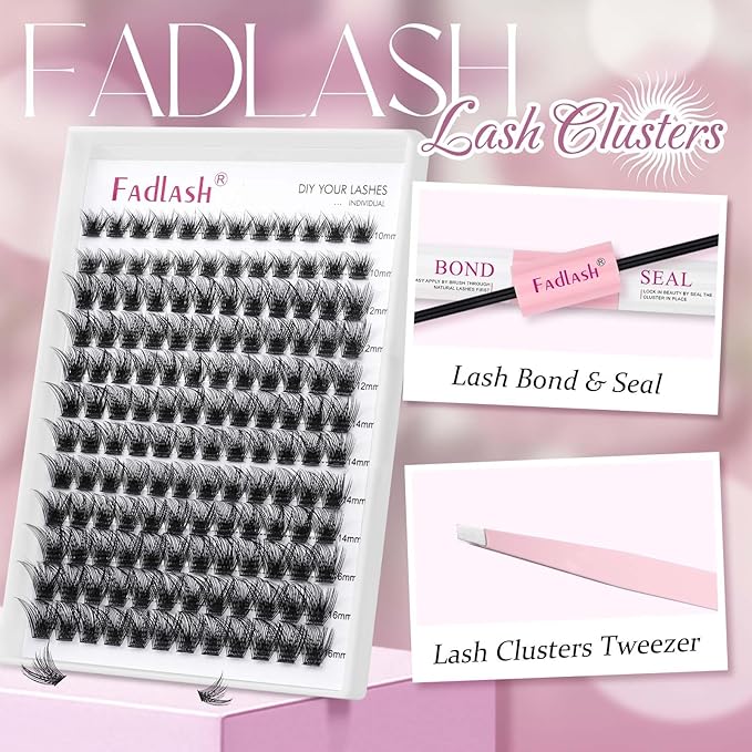 FADLASH Lash Clusters Kit 10-16mm Eyelash Cluster Lashes with Lash Bond and Seal Lash Tweezers DIY Lash Extension Kit (JN1-07D-10-16 Kit)