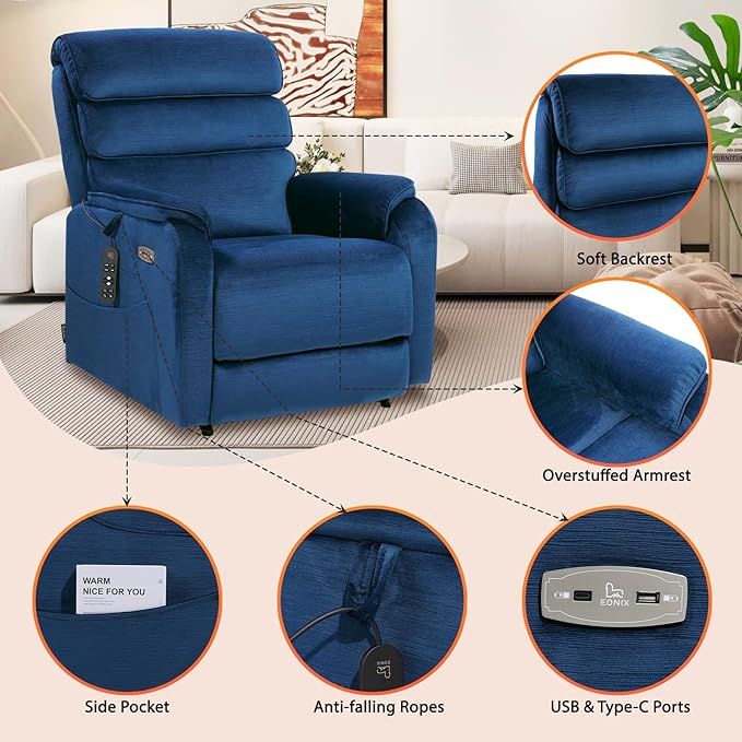 EONIX Dual Motor Lay Flat Power Lift Recliner Chair for Elderly, Chenille Fabric Electric Lift Chairs for Adults, 400lbs Heavy Duty Power Recliner with Heat Massage Charging Ports, Chenille Blue