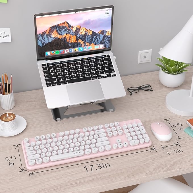 UBOTIE Colorful Computer Wireless Keyboard Mouse Combos, Typewriter Flexible Keys Office Full-Sized Keyboard, 2.4GHz Dropout-Free Connection and Optical Mouse (Pink-White)