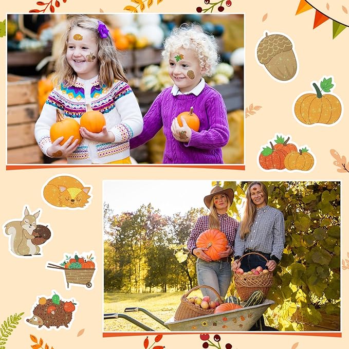 Landhoow 240 Pcs Thanksgiving Tattoos Temporary Autumn Glitter Face Tattoos Cool Body Sticker Costume Accessory Tattoo Party Favor