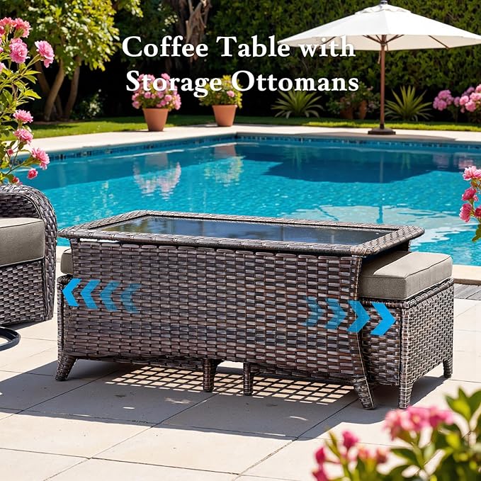 Belord Luxury 6" Thick Cushioned 7 Pieces Patio Furniture Set with Outdoor Couch, Wicker Outdoor Conversation Set with High Back Swivel Rocker Chairs for Deck Porch Yard and Poolside - Brown+Grey
