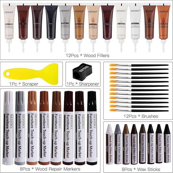 SEISSO Wood Furniture Repair Kit, 42 Pcs Wood Filler and Touch Up Markers with Wax Sticks, Vinyl Floor Repair Kit for Scratches, Cracks, Holes, Discoloration for Door, Stain, Floor, Table, Cabinet