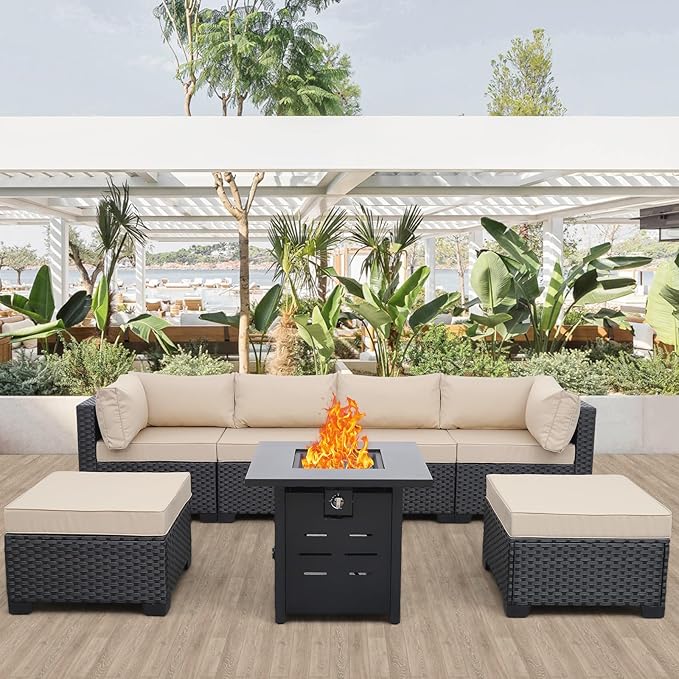 Lviden 7 Pieces Outdoor PE Wicker Furniture Set Patio Rattan Sectional Conversation Sofa Set with Khaki Cushions and Fire Pit Table