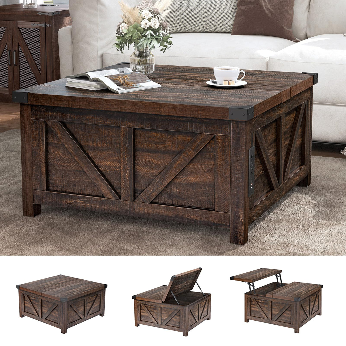 jimeimen Farmhouse Lift Top Coffee Table with Storage, Wood Square Center Table with Charging Station&USB Port, Living Room Table w/Large Hidden Space, for Living Room, Bedroom, Home Office, Brown