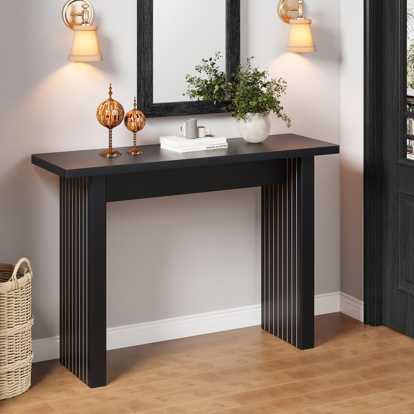 AVZEAR Mid Century Narrow Entryway Console Table, 43.3" Fluted Wood Couch Table Behind Sofa Long and Skinny for Living Room Hallway Entrance Foyer, Black
