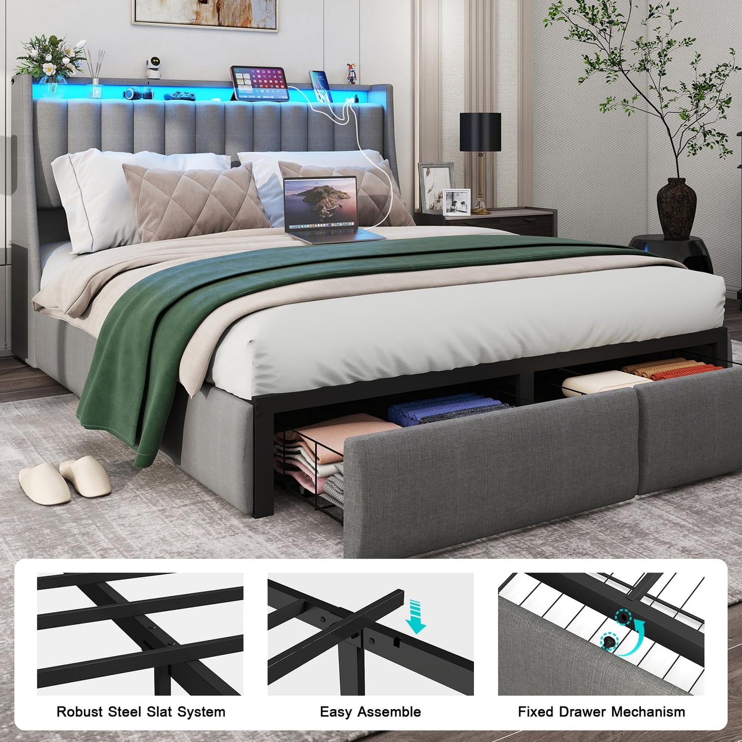 Queen Bed Frame with 2 Storage Drawers, Platform Bed Frame Queen Size with LED Light, Upholstered Headboard, Charging Station, Steel Slat Support, No Box Spring Needed, Noise-Free, Easy Assembly, Gray