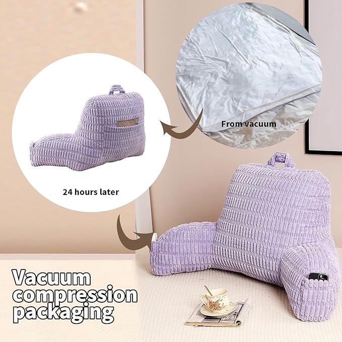 PAJEO Reading Pillow for Sitting in Bed, Large Backrest Reading Pillow with Arm Rest,Back-Rest Support Cushion for Sit Up on Couch, Sofa, and Floor (Light Purple Corduroy, Large(19"))