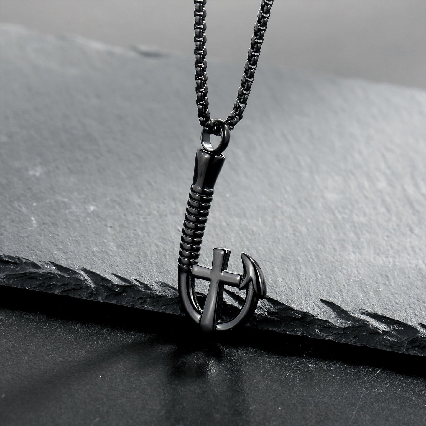 YOUFENG Fishing Hook Urn Necklace for Ashes Stainless Steel Cremation Jewelry Cross Ashes Necklaces Memorial Keepsake Black