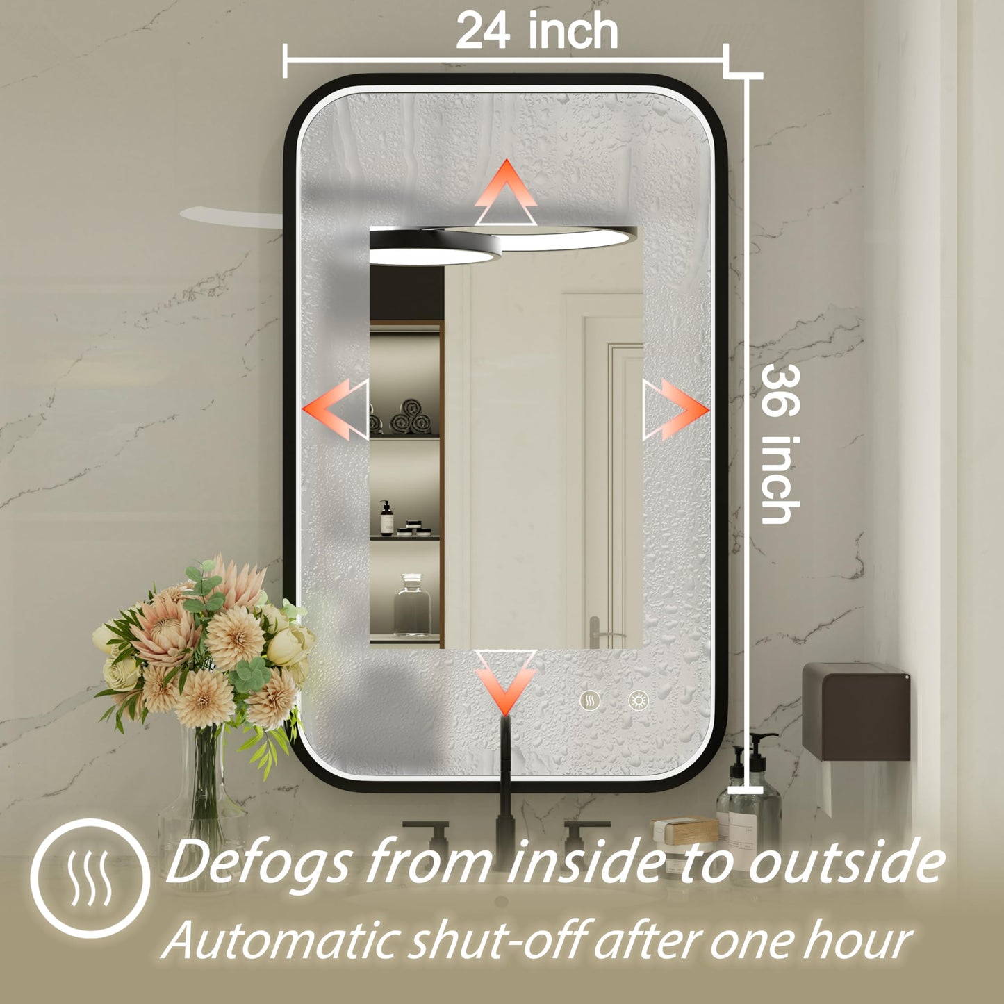 JSneijder 24x36 Inch LED Bathroom Mirror with Lights, 3000K/4500K/6000K, Wall Mounted Black Lighted Vanity Mirror for Bathroom, Stepless Dimmable, Memory Function, Anti-Fog, Horizontal/Vertical