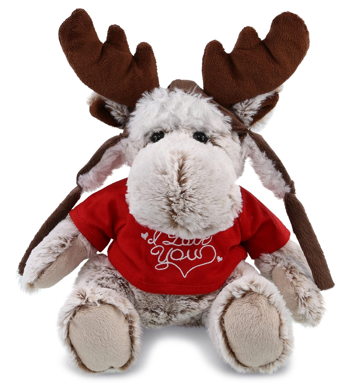 DolliBu I Love You Valentine Plush Moose with Clothes - Cute Stuffed Animal with Red Shirt and Name Personalization Gift for Valentines Day, Birthday, Anniversary, Romantic Date - 9 Inches
