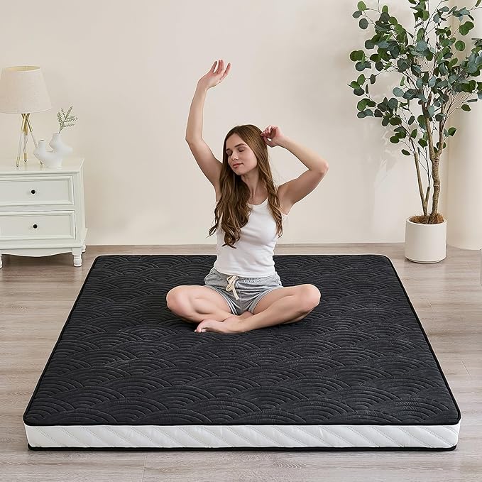 Zelladorra Japanese Floor Mattress, Quilted Futon Mattress with Anti-Slip Bottom, Foldable Floor Bed with Storage Bag and Straps, (Black, Queen)