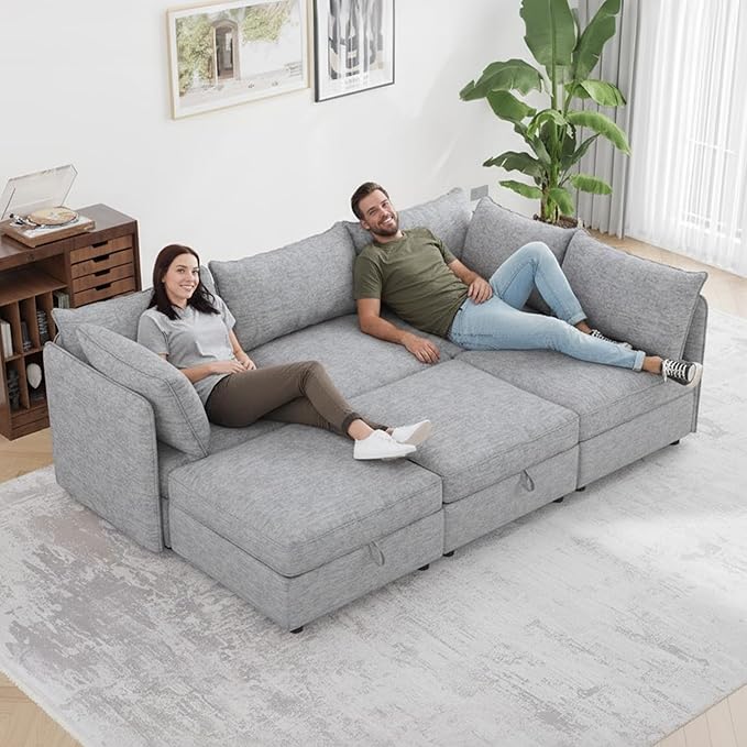 Oversized Modular 6 Seater Sofa with Removable Covers and Storage, Convertible U, L-Shaped and Sleeper Sectional, Modern Sectional Couch with Ottoman Chaise for Living Room, Bedroom, Apartment, Gray