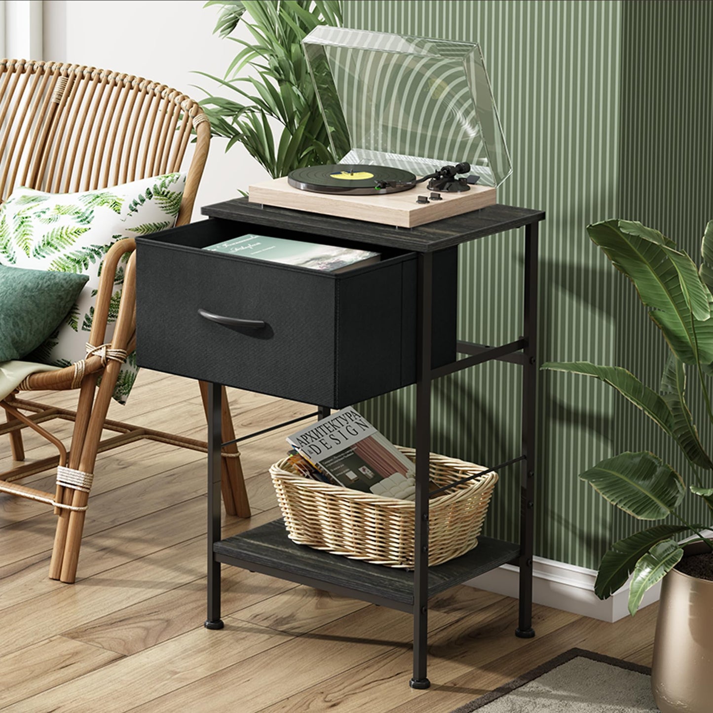 WLIVE Night Stand Set 2, Black Nightstand with Fabric Storage Drawer and Open Wood Shelf, Nightstand Set of 2 with Steel Frame, Side Table for Bedroom, Dorm, Charcoal Black, 25.03" Height