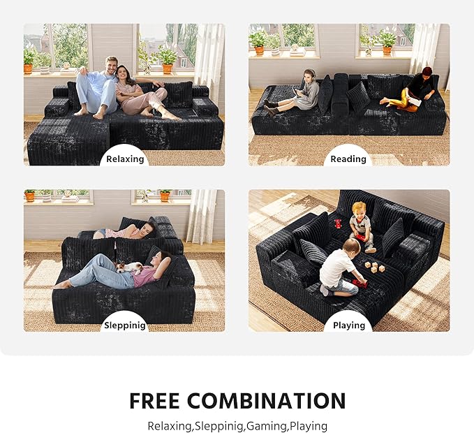 LAUSAINT HOME 96" Modular Sectional Sofa Couches, L-Shaped Boneless Cloud Sofa with 3 Deep Seat, 5 Cushiones Oversized Chaise for Living Room, Bedroom, Plush Corduroy Fabric (Left, Black)