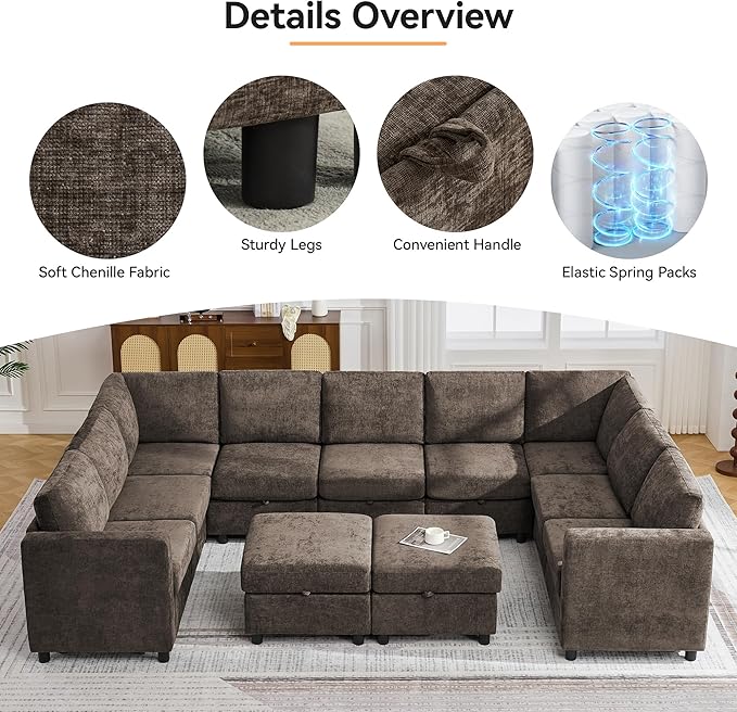 127'' Oversized U Shaped Modular Sofa, Sectional Couches with Storage for Living Room, Modern 9 Seater Cloud Sectional Couch with Movable Ottoman, Chenille Brown