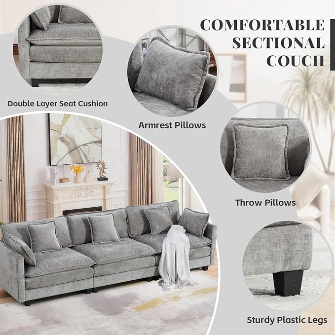 SoarFlash 113.78" Chenille Sectional Sofa, Comfy Modular Loveseat Sofa, Modern 3-Seat Couch Deep Seat Sofa Set for Living Room,Grey