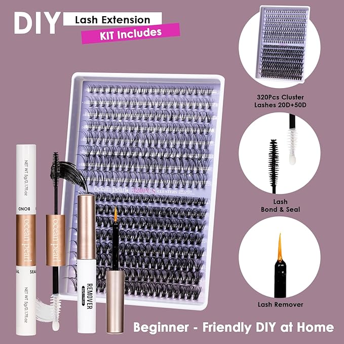 Individual Lashes with bond and seal Lash Remover DIY Lash Extension Kit 320 Pcs Cluster Lashes 10-16mm Natural Light C/D False Eyelashes for Beginner Makeup at Home (20D+50D）
