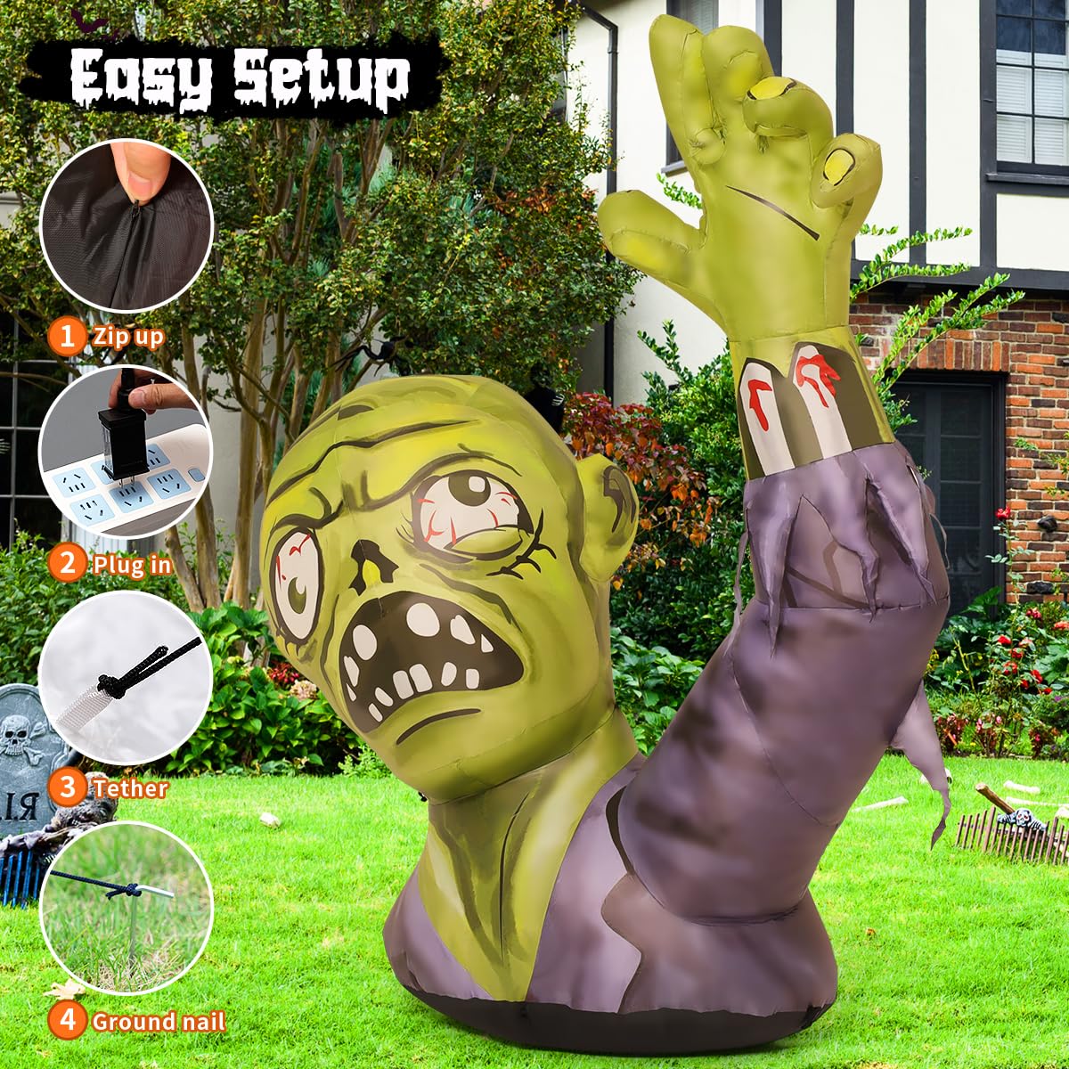 GOOSH 5.2 FT Halloween Inflatables Zombies Outdoor Decorations Blow Up Yard Terror Green Zombies Raise Hands with Built-in LEDs for Garden Lawn Indoor Decor