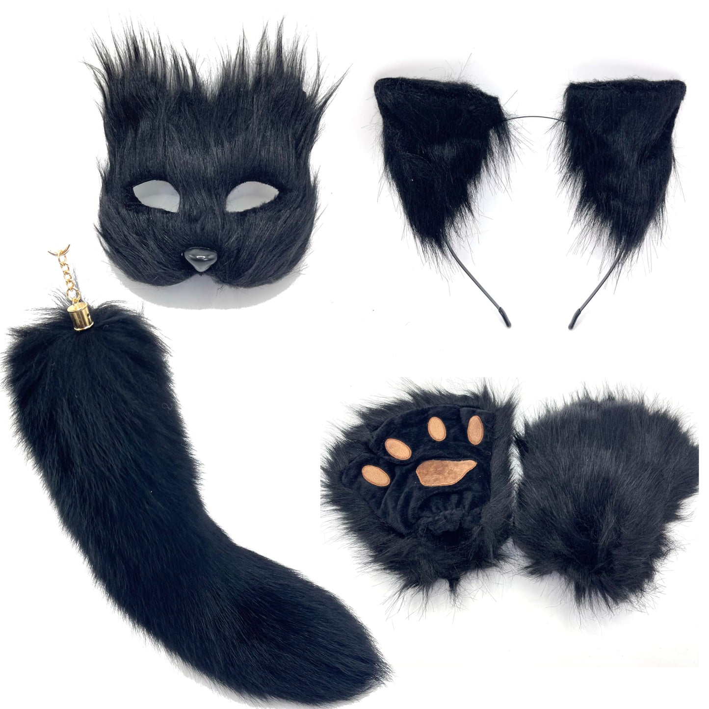 LAIDIC Therian Mask and Tail Set Women Halloween Costume Fox tail Wolf Mask cat ears Cosplay fox mask therian paws (Black set)