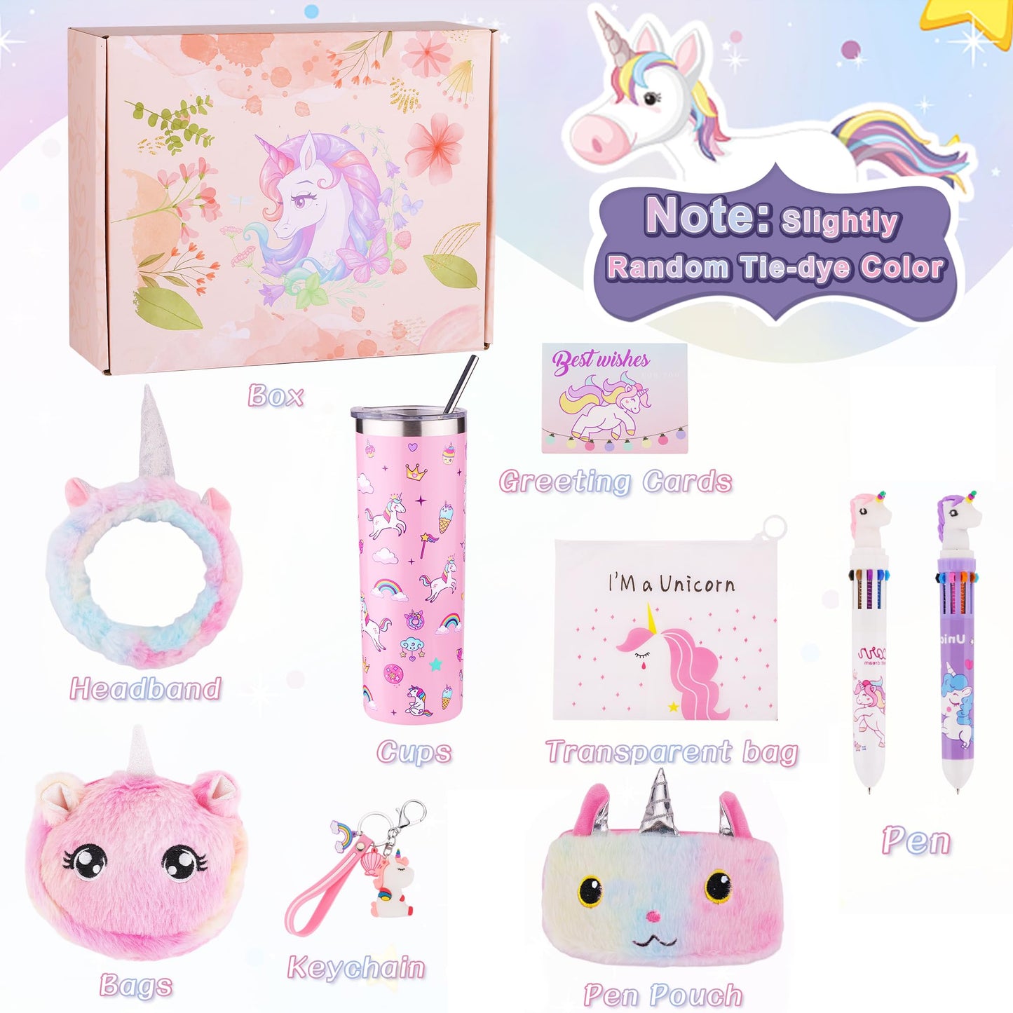Haclury Unicorn Gifts Set for Girls Kids Toys Birthday Gift Box for Teen Girl, Easter Gifts for Kids Gift Age 6-8 Basket with Stainless Steel Tumbler/Crossbody Bag/Unicorn Headband