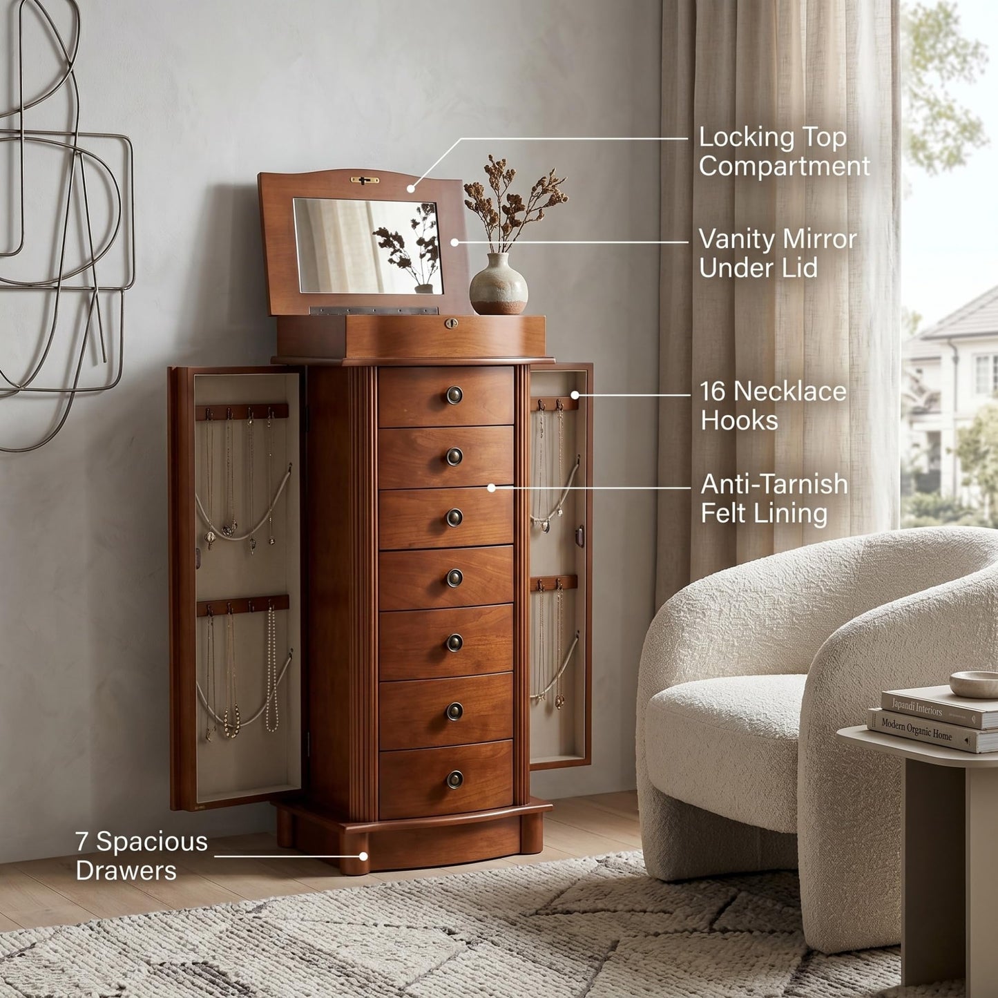 Hives and Honey Nora Jewelry Armoire Cabinet with Mirror – 7 Drawers, Locking Top, Necklace Hooks, Anti-Tarnish Felt – Traditional Standing Jewelry Organizer for Women, White