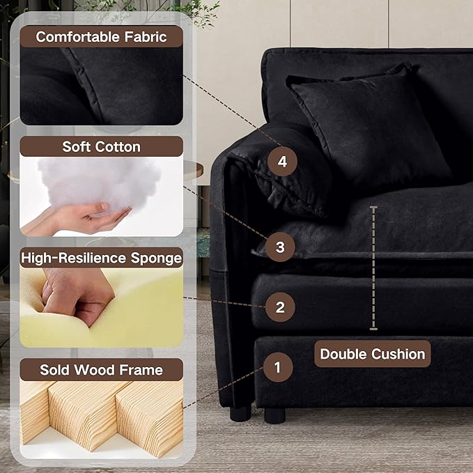 RENDGO 109" Modular Sectional Sofa with 1 Ottoman, Chenille Cloud Couch for Living Room & Apartment, Deep Seat Comfort, Flexible L-Shape Combination Sofa for Home & Office,Black