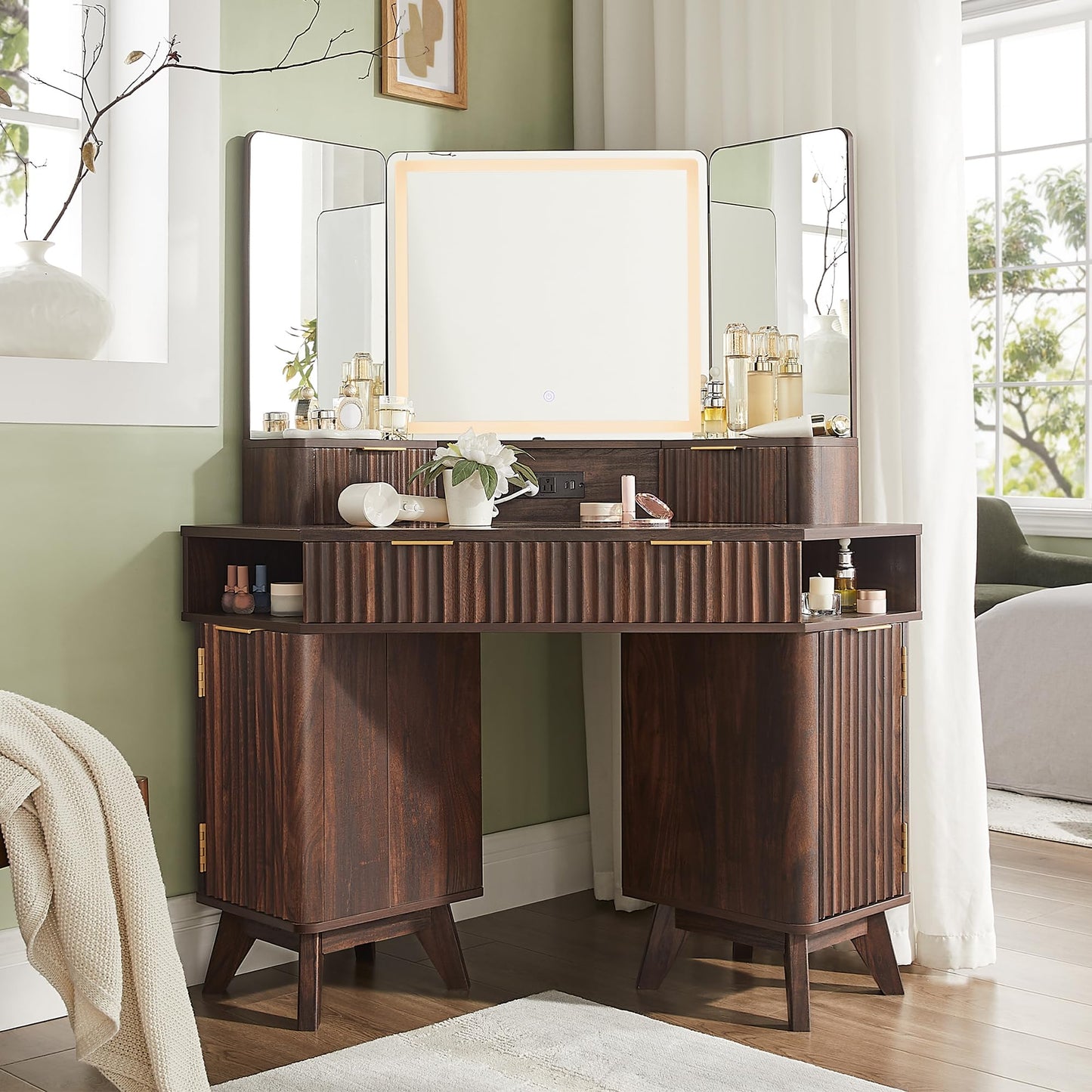 T4TREAM Fluted Makeup Vanity Desk with 3 Way Mirror and Lights, 48" Large Corner Vanity Table with Glass Top, Charging Station, 3 Drawers, Storage Cabinets & Shelves, for Bedroom, Dark Walnut